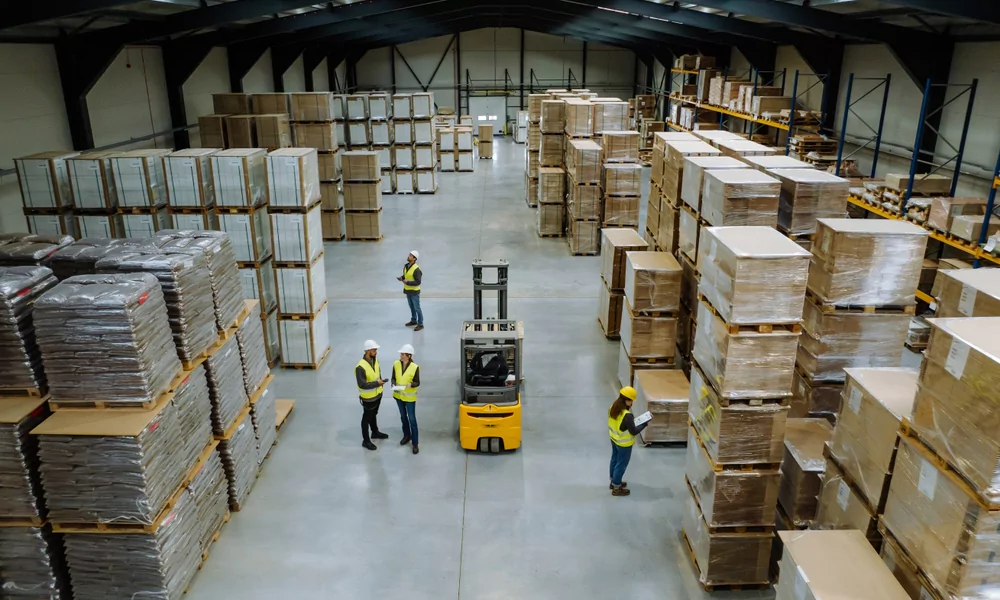 Modern warehouse with staff and forklift